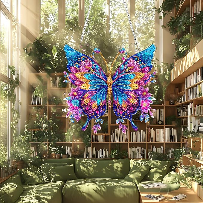 Lxmsja DIY Butterfly Diamond Painting Hanging Ornament, Double-Sided Acrylic Glitter Flowers Diamond Art Kit, Special Shaped Suncatcher Hanging Pendant Window Art Kit 8x8 inch