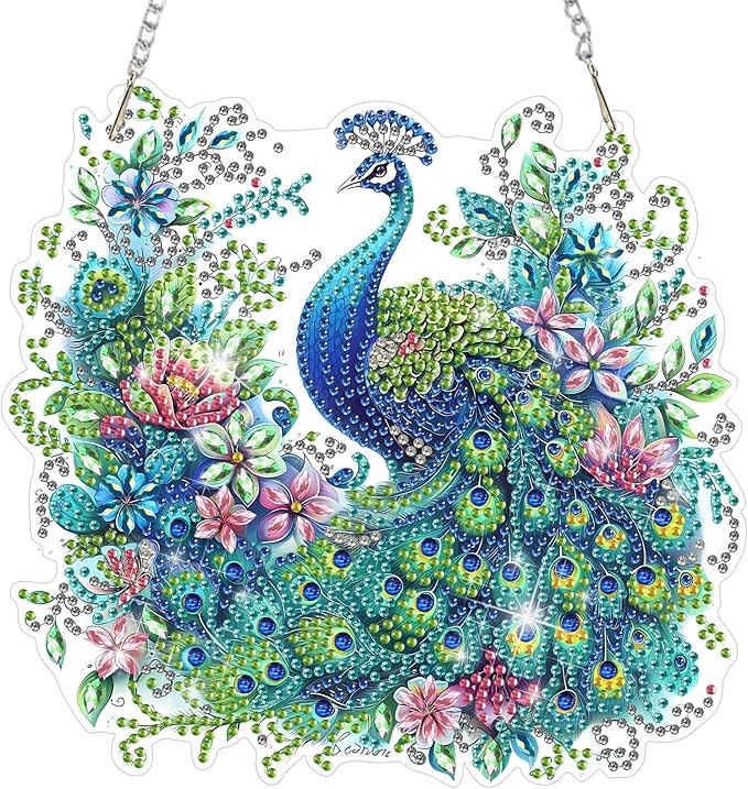 DOMROM Peacock Diamond Art Hanging Kits for Adults, Special Shaped Crystal Diamond Painting Peacock Pendant, DIY Diamond Art Suncatchers Animal for Home Garden Wall Decor Gift