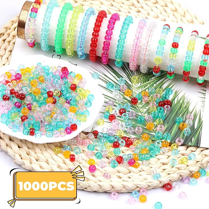 Glitter Pony Beads - 1000 Pcs Clear Plastic Beads for Friendship Bracelets - Assorted 10 Colors - 6x9mm