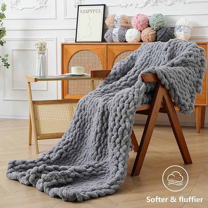 Chunky Yarn for Hand Knitting - #10 Chunky Chenille Yarn, Jumbo Big Thick Chunky Yarns for Crocheting, Super Bulky Chunky Knit Blanket Yarns, 8 Skein (25 yds 8 oz Each Skein), Light Grey