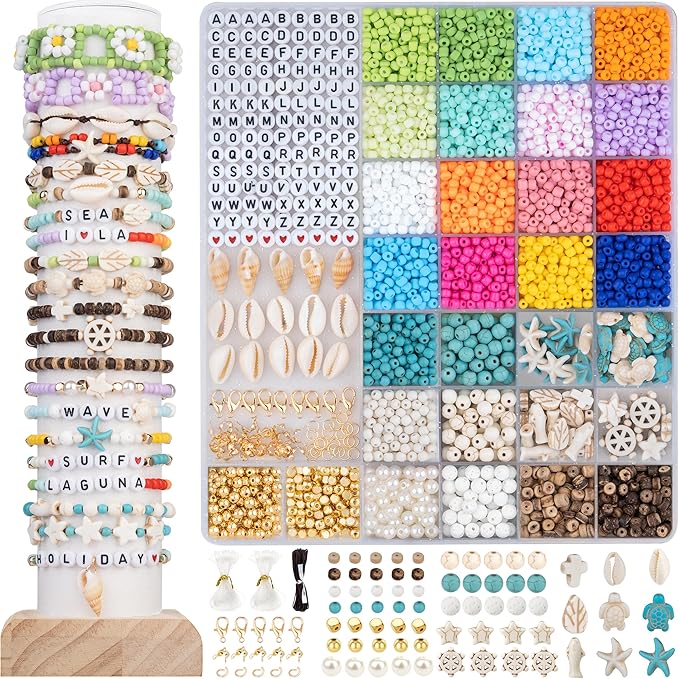 DoDoBeads Beach Beads for Bracelets, 6000pcs 4mm Glass Bead Bracelet Making Kit, Beach Beads for Jewelry Making, Summer Jewelry Crafting Kit with Letters & Numbers, Seashells, Spacers, Pearls