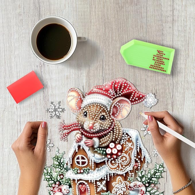 SENQAO Mouse Diamond Art Hanging Kits for Adults Kids, Christmas Diamond Art Suncatchers, 5D Special Shape Diamond Painting Pendant Window Ornament Gifts for Home Garden Door Wall Decor