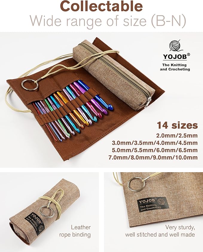 YOJOB Traditional 14 Sizes Crochet Hooks Kit, Super Smooth Crochet Needle for Beginners or Advanced (Coffee)