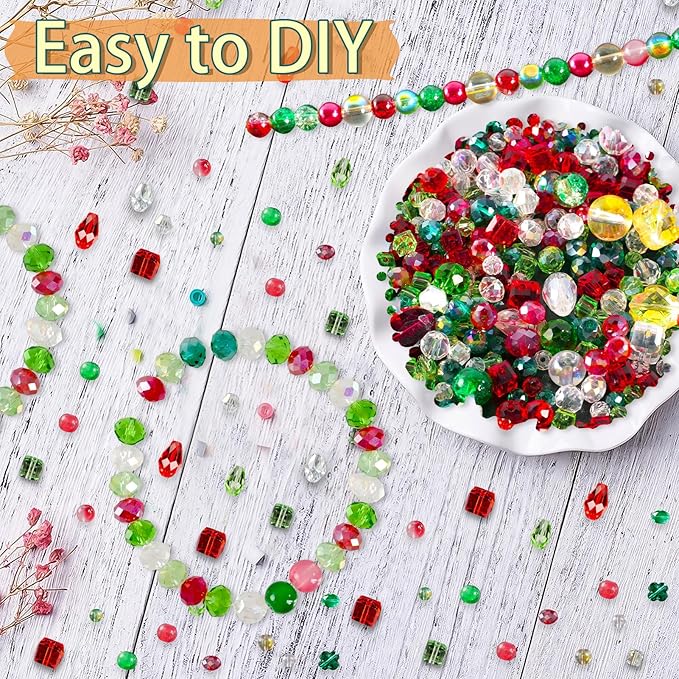 christmas glass beads for jewelry making, 636pcs red green ab color craft crystal beads with loose beads sparkly beads hole drilled for diy christmas bracelets necklace wristband earring craft