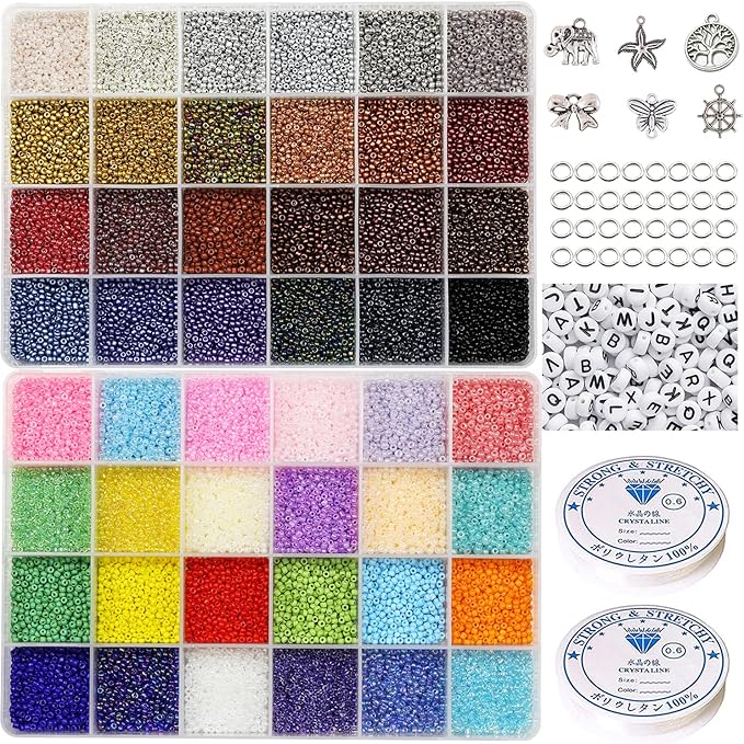 31200pcs Glass Seed Beads 48 Colors 2mm 12/0 Bracelet Beads for Jewelry Making Kit with Letter Alphabet Beads, 2 Rolls Elastic String Cord, Charms and Jump Rings for Jewelry Making（48 Colors）