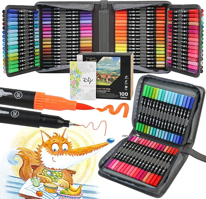 ZSCM 100 Colors Markers for Adult Coloring Books No Bleeding - Duo Tip Brush Pen, Artist Fine & Brush Coloring Markers for Adult Calligraphy, Drawing, Sketching & Journaling