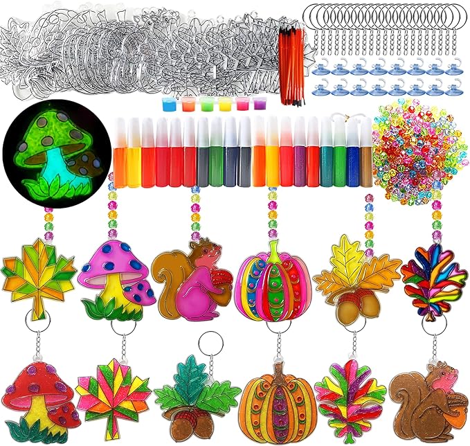 Ayhuhra 30 Sets Fall Leaf Pumpkin Acorn Suncatchers Keychains Craft Kits DIY Window Art Paint Kit Fall Arts and Crafts Maple Leaf Sun Catchers for Seniors Autumn Thanksgiving Art Project