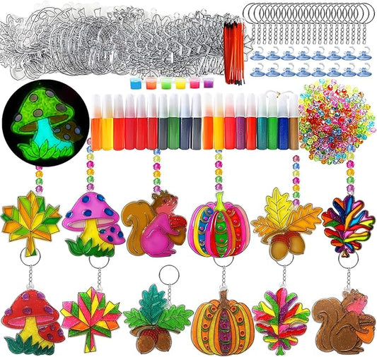 Ayhuhra 30 Sets Fall Leaf Pumpkin Acorn Suncatchers Keychains Craft Kits DIY Window Art Paint Kit Fall Arts and Crafts Maple Leaf Sun Catchers for Seniors Autumn Thanksgiving Art Project