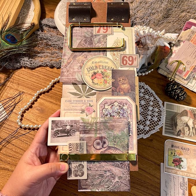 CATaireen Vintage Junk-Journal Mixed Paper Scrapbooking Embellishments Set Retro Journaling Decoupage Stickers Textured Packaging Decorative Cards Tags Kit (Old Photos 4)
