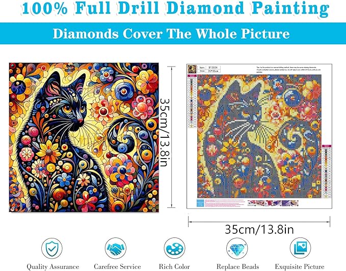 Cat Diamond Painting Kits for Adults Beginners - Black Cat Diamond Art Kits for Adults, Full Drill DIY 5D Diamond Painting Black Cats Gem Art Crafts Kits for Home Wall Decor 13.8x13.8 in