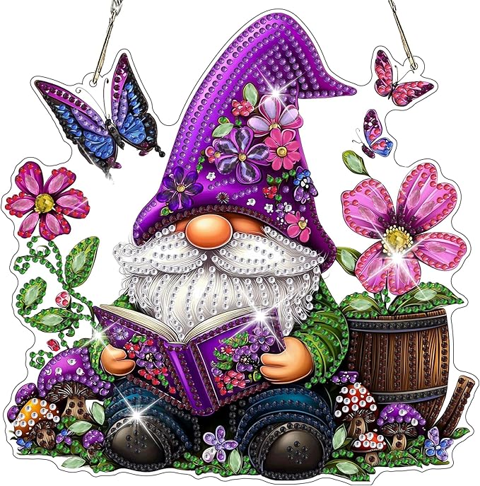 NAIMOER Diamond Art Hanging Kits for Adults, Gnome Flower Diamond Art Suncatchers, 5D Special Shape Fall Diamond Painting Pendant Window Ornament Gifts for Home Garden Door Wall Decor