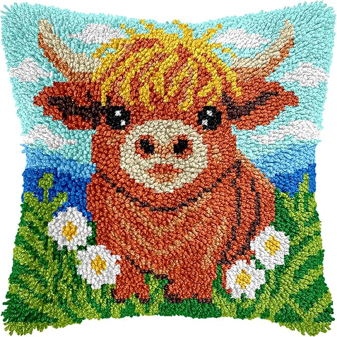 veirousa Highland Cow Latch Hook Kits for Adults Beginners, Pre-Printed Animal Latch Hook Pillow Kit, Craft Rug Making Kits, DIY Embroidery Cushion for Home Sofa Decor & Gift Idea 17x17 in.