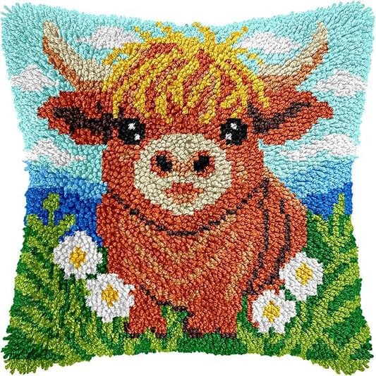 veirousa Highland Cow Latch Hook Kits for Adults Beginners, Pre-Printed Animal Latch Hook Pillow Kit, Craft Rug Making Kits, DIY Embroidery Cushion for Home Sofa Decor & Gift Idea 17x17 in.