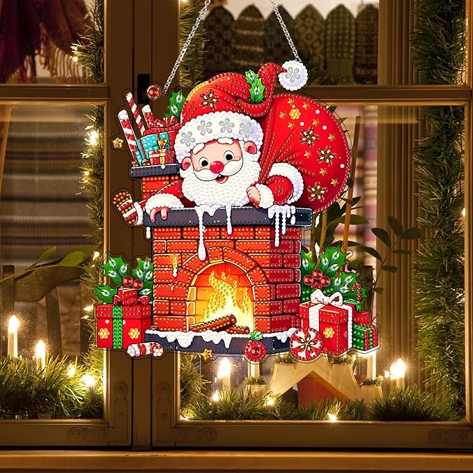 JJFox Diamond Art Hanging Kit for Adult,Special Shaped Rhinestone,Double Sided DIY Acrylic 5D Diamond Art Painting Window Pendants Home Garden Wall Hanging Kits Hanging Ornament (Father Christmas)