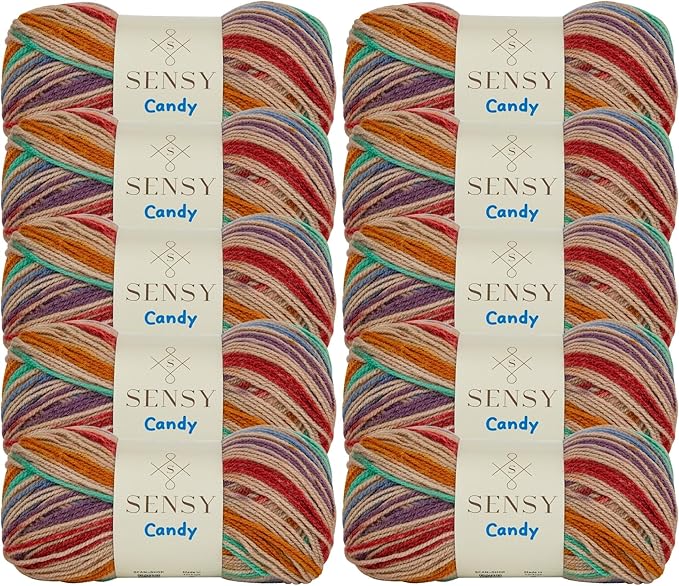 Sensy Candy Yarn - 10 Skeins, 3.5 oz, 251 Yards, Multicolor for Crocheting and Knitting, Light Gauge 3