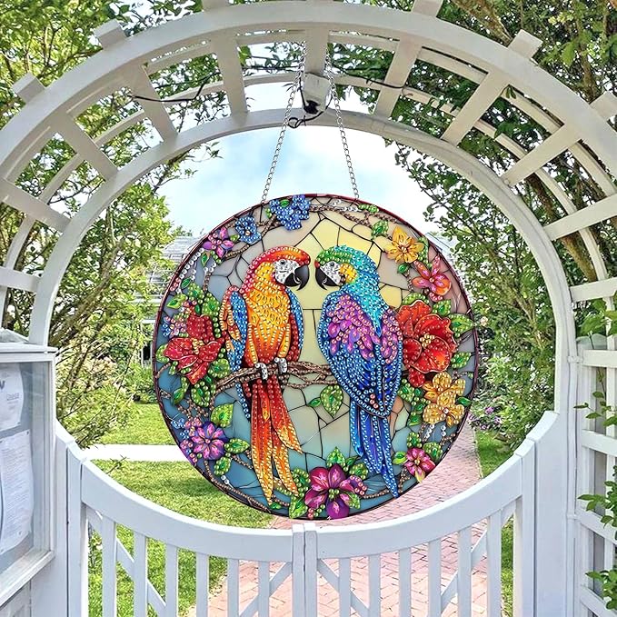 Wergund 5D DIY Parrot Diamond Art Hanging Kits, Hanging Diamond Art Bird, Acrylic Special Shaped Rhinestone, Window Hanging Pendants for Home Wall Garden Front Door Outdoor Decor Gift(Parrot)