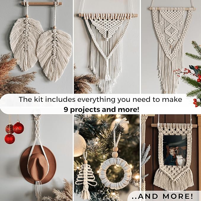 migo creates diy macrame kit for beginners with 9 macrame projects ebook, 115 pcs macrame supplies & 220yd cotton yarn | create unique bohemian decor craft projects! perfect diy crafts for adults!