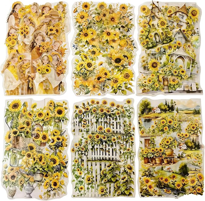 TIAMECH Journey to The Light PET Stickers - 180 Pcs Sunshine Sunflower Landscape Design, Waterproof Sticker for Journaling & Scrapbooking, Junk Journal Supplies, Ephemera & DIY Crafts
