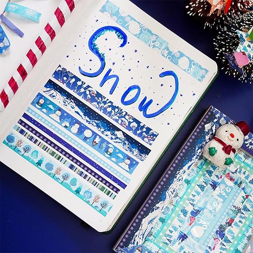 YUBX Winter Washi Tape Set 19 Rolls Skinny Snow Embellishment Blue Silver Foil Decorative Masking Tapes for Arts, DIY Crafts, Journals, Planners, Scrapbook, Wrapping