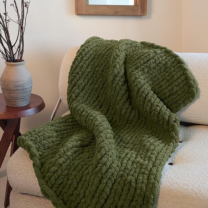 Jumbo Chunky Yarn for Hand Knitting - Super Thick Chenille Chunky Yarn for Crocheting - Extra Soft Bulky Fluffy Blanket Big Yarns 8 Jumbo Pack (27yds,8 oz Each Skein) Olive Green