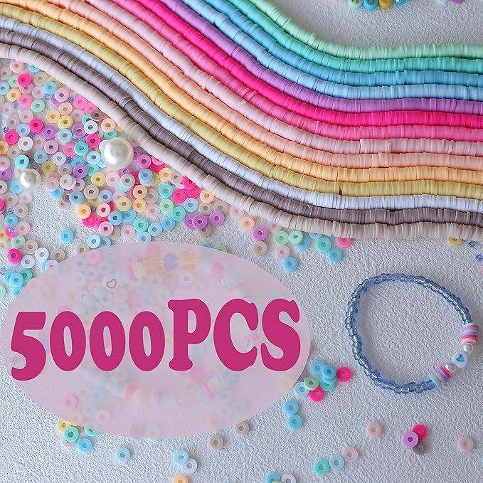 5000Pcs Clay Beads for Bracelets Making 14 Strands Polymer Clay Beads Disc Flat Heishi Beads Round Colorful Handmade Spacer Beads for Jewelry Making DIY Friendship Bracelet Necklace Earrings