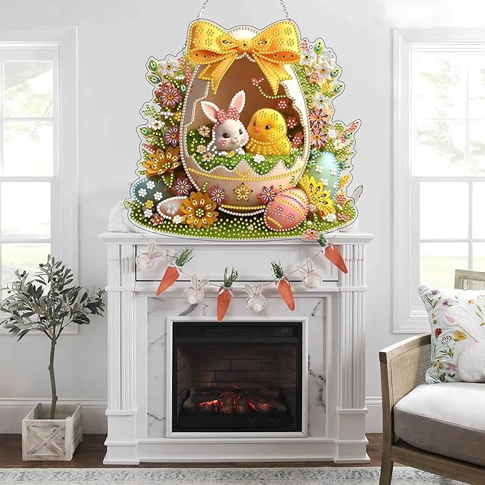 DIY Diamond Art Painting Wreath Kits，Special Shaped Rhinestone Hanging Ornament Diamond Art Window Pendants for Gift Home Garden Wall Hanging Kits,Double Sided (Easter Egg)