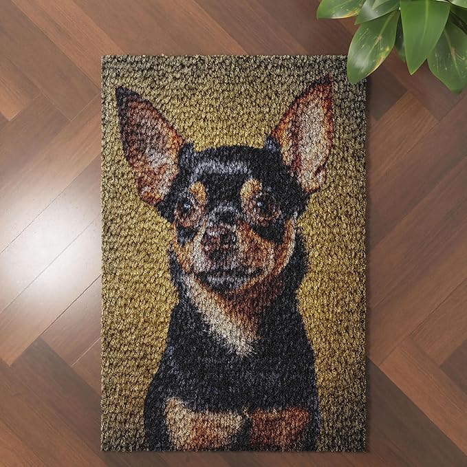 Little Black Chihuahua Dog Latch Hook Rug Kit for Adults DIY Carpet Cushion with Printed Canvas Crochet Yarn Craft Hook and Latch Tapestry for Home Decor Pets Warm Pads 52x38cm