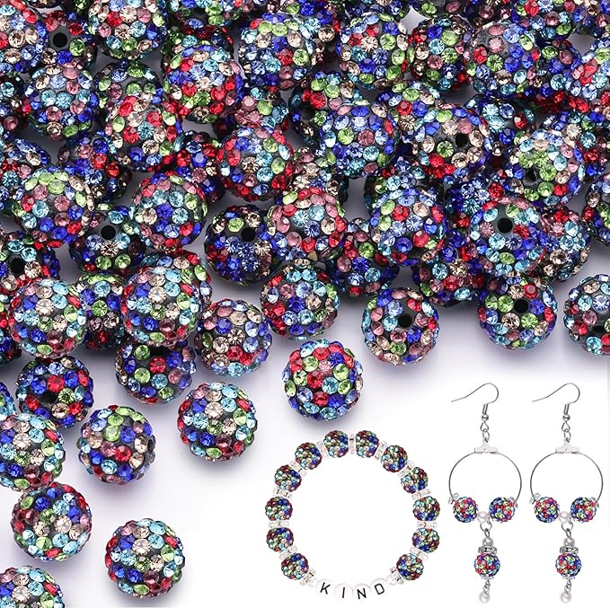 100pcs 10mm Rhinestone Beads for Jewelry Making, Black Mixed Shiny Round Shamballa Disco Beads Bulk, Sparkle Crystal Clay Christmas for Bracelet Baseball Necklace Earring Crafting and DIY