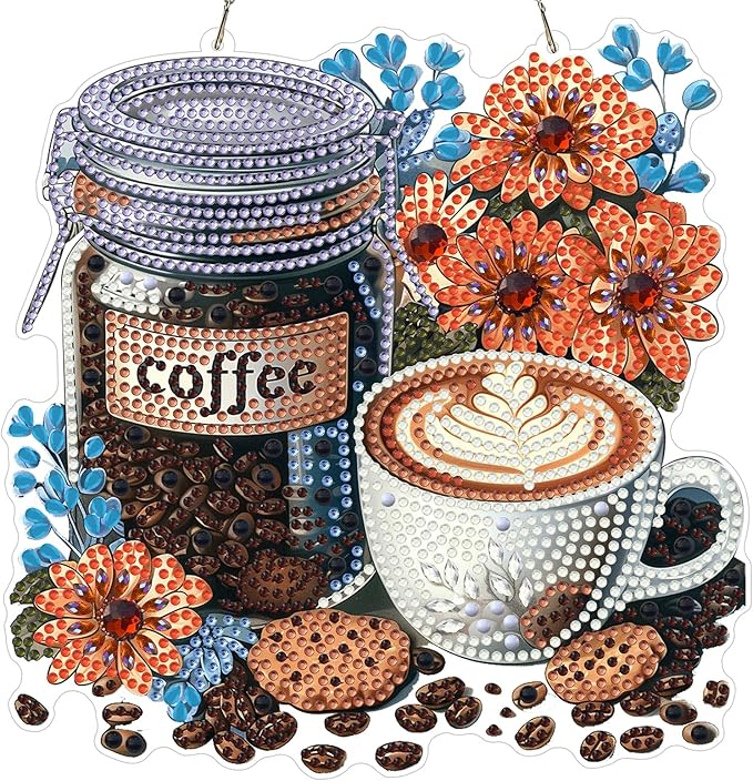 MXJSUA Coffee Flowers Diamond Art Hanging Kits for Adults Beginners, DIY Acrylic Special Shaped Crystal Diamond Gem Drills Pendant Art Painting Ornament for Home Wall Decor Gift