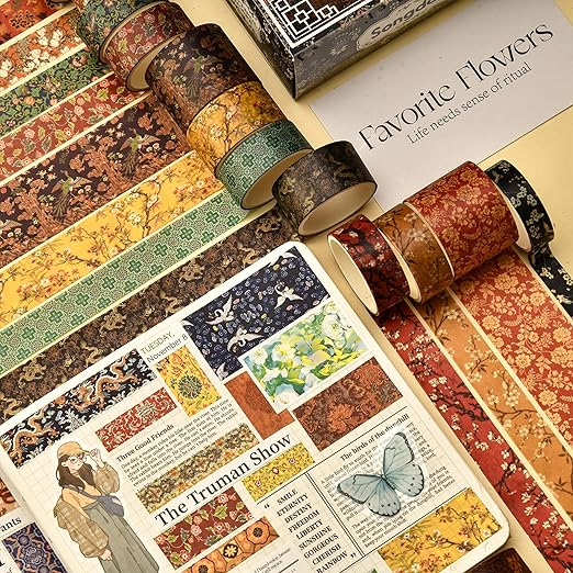 12 Rolls Chinoiserie Washi Tape Set Chinese Arts Adhesive Tapes Geometric Garden Decorative Masking Tape Sets for Craft, Kids, Scrapbook, DIY, Gift Wrapping (Drifting on Azure Waves)
