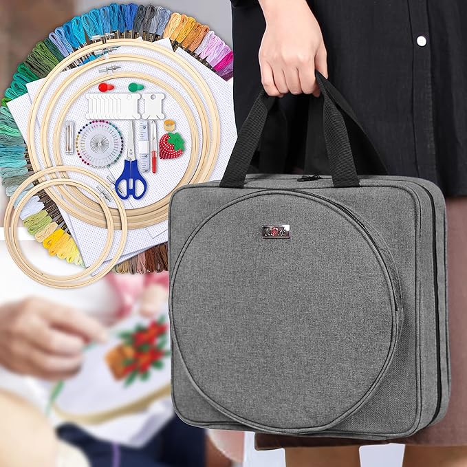 LoDrid Embroidery Kit, Embroidery Project Bag with Embroidery Kit, Portable Craft Carry Case with Starter Kit, Embroidery Supplies Storage Bag and Cross Stitch Kits for Beginners, Adults, Gray