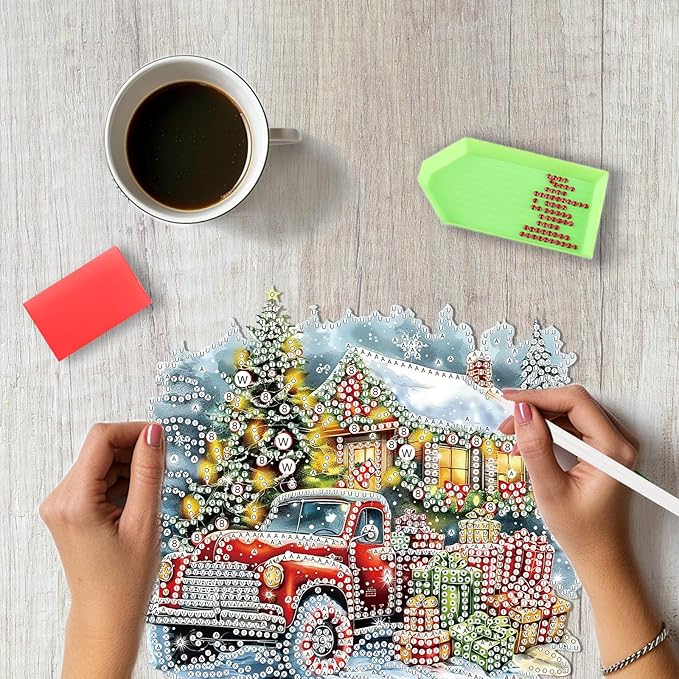 SENQAO Christmas Diamond Art Hanging Kits for Adults Kids, Truck Christmas Gifts Diamond Art Suncatchers, 5D Special Shape Diamond Painting Pendant Window Ornament Gifts for Home Door Wall Decor