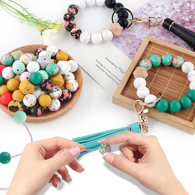 Sunrony 150pcs Silicone Beads for Keychain Making Bracelet Decoration and 15mm Silicone Beads for Pens (Floral)
