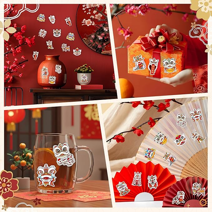 h1vojoxo chinese new year sticker rolls - 1000pcs chinese lunar new year stickers for kid 16 design cartoon lion dance stickers for craft waterproof lion dance decal decoration for water bottle laptop