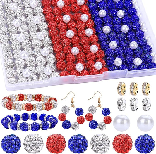 AIPRIDY Jewelry Making Beads Set, 300 PCS 10mm Rhinestone Clay Beads, 8mm Mixed Color Spacer Beads with Pearl and Floral Beads for DIY Jewelry Making (Red+White+Blue)