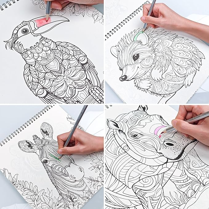 FUN LAVIE Adult Coloring Book - Mandala Animal Designs for Adults Relaxation and Teens Stress Relief, Spiral Bound Coloring Book for Women, Mindfulness Mandalas and Animal Patterns for Anxiety Relief
