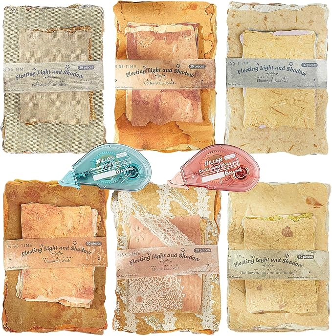 180 Sheets Embossed Textured Scrapbook Paper with 2 Double Sided Tapes, 6 Packs Scrapbook Supplies Kit for Scrapbooking, Junk Journal, Card Making Supplies, Planner, Collage