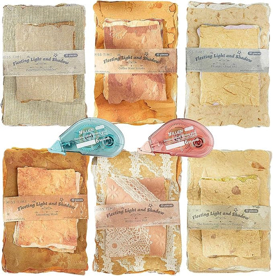 180 Sheets Embossed Textured Scrapbook Paper with 2 Double Sided Tapes, 6 Packs Scrapbook Supplies Kit for Scrapbooking, Junk Journal, Card Making Supplies, Planner, Collage