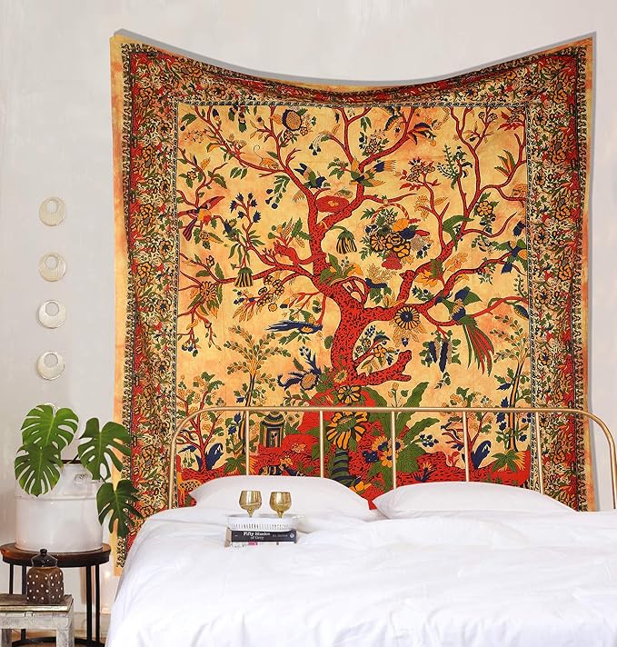the art box tapestry yellow orange tree of life wall hanging – indian cotton twin bedspread, picnic sheet, wall decor, blanket, wall art for bedroom (twin, 82x54 inch)