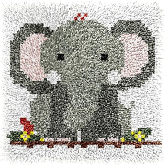 Generic Cartoon Grey Elephant Latch Hook Rug Kit for Beginner Kids Easy Little Mat with Printed Canvas DIY Hook Making Crochet Yarn Craft Tapestry for Decoration and Gift 12x12inch, As Main Picture