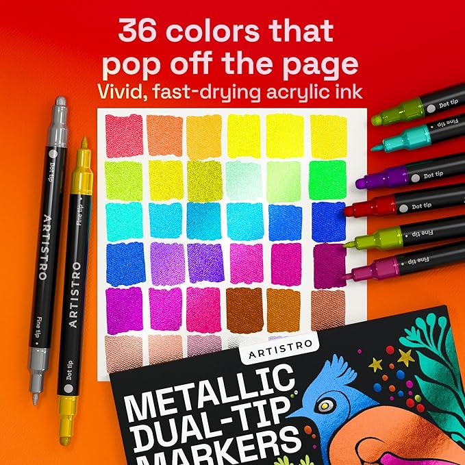 ARTISTRO 36 Metallic Acrylic Paint Markers for Rock, Fabric, Wood, Glass, Eggs - Dual-Tip Paint Pens for Coloring Books for Adults, Teens - Art & Craft Supplies - Gift Idea - Easter Basket Stuffers
