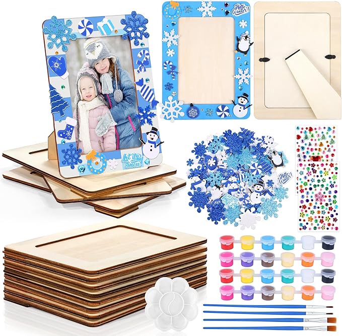 Fovths 12 Packs Winter Picture Frame Painting Craft Kit Frozen Wooden DIY Photo Frame for 4 x 6 inch Photo with 100 Snowflake Stickers Rhinestone Stickers 4 Brushes Set for DIY Paint and Decorate