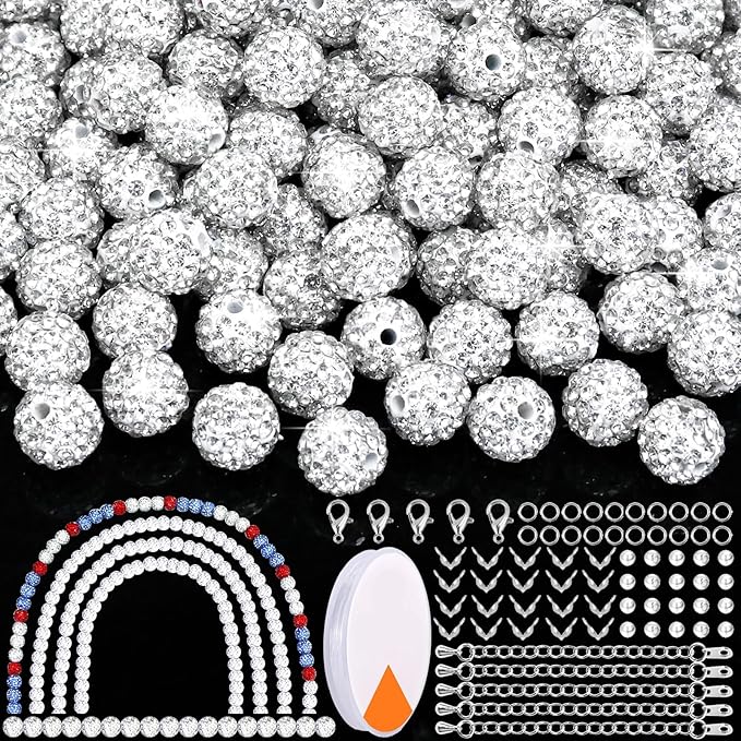 Dowarm 255PCS 10mm Rhinestone Beads for Baseball Necklace Bracelet Jewelry Making, White Rhinestone Clay Beads for Crafts Beaded Pen, Round Polymer Clay Shamballa Pave Disco Diamond Bead