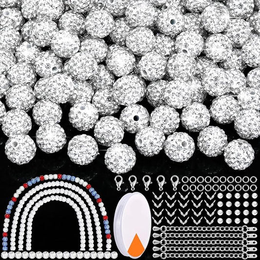 Dowarm 255PCS 10mm Rhinestone Beads for Baseball Necklace Bracelet Jewelry Making, White Rhinestone Clay Beads for Crafts Beaded Pen, Round Polymer Clay Shamballa Pave Disco Diamond Bead