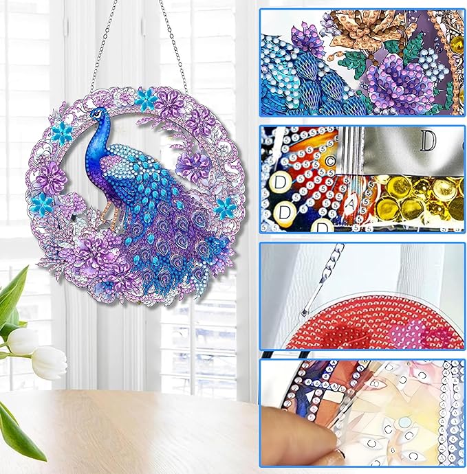 Reofrey Hanging Diamond Art Kits for Adults - 8x8Inch Peacock Animal Acrylic Board Double Sided Pattern Diamond Painting Suncatcher Pendant, Crystal Art for Home Wall Window Decoration Handmade Gift