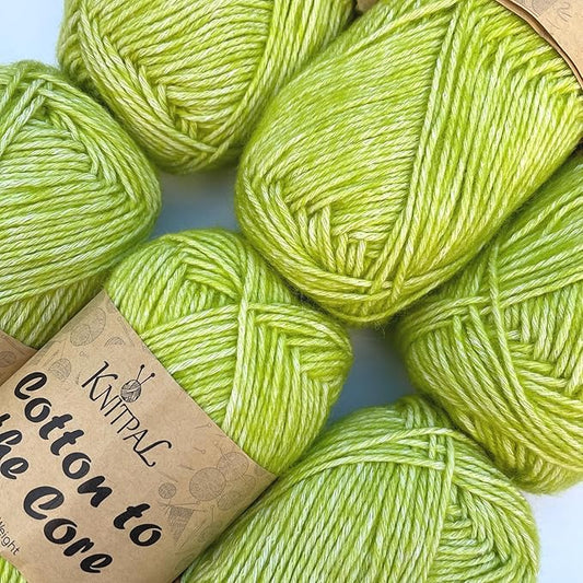 Cotton to The Core Cotton Yarn for Crocheting, 6-Pack (852 Yds / 300G), Free Patterns, Beginners Friendly - Soft Baby Yarn for Knitting - 3 DK Light Worsted Weight - Lime Green