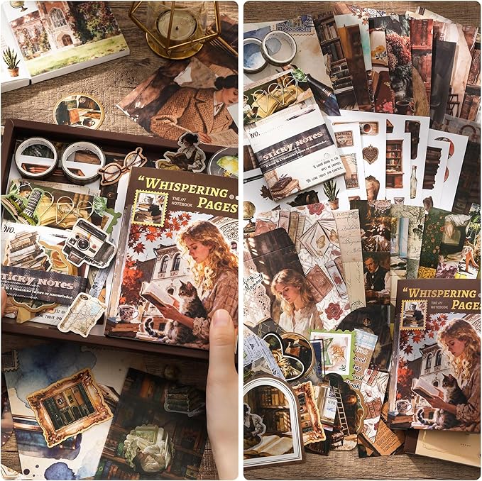 Scrapbook Supplies Kit, Cottagecore Aesthetic Junk Journal Kit, Scrapbooking Kit with Bullet Journaling Stickers, Stationary Set, Vintage Ephemera Collage Craft Supplies Gift for Adults Women Beginner