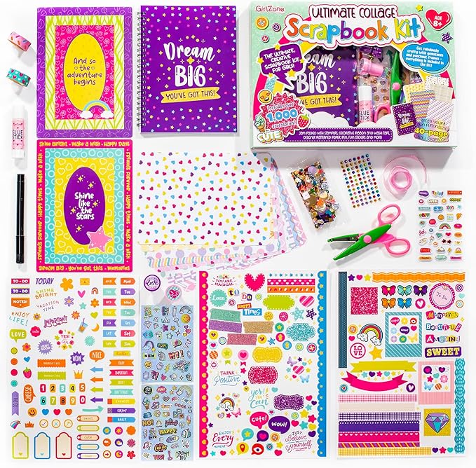 girlzone ultimate collage scrapbook kit, includes scrapbook stickers and fun scrapbook accessories to make an amazing 40-page photo album scrapbook, perfect for valentine and easter gifts