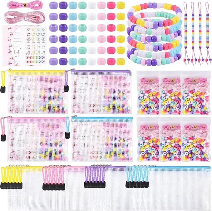 Rujiaoa Pony Bead Kit, 24 Pack Bulk Bracelet Making Kits for Party & Classroom Activities, Pre-Packed Group DIY Set with Beads, Cords, Bags & Instructions