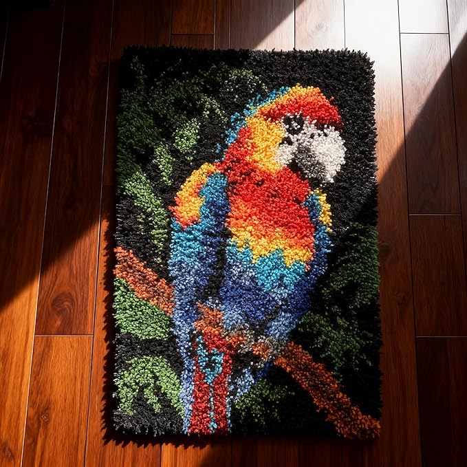 KitsMaster Tropical Parrot Paradise Latch Hook Kit, Bright Macaw Rug Craft for Adults & Beginners, Wall Hanging Craft Kit with Pre-Printed Canvas, Color-Coded Yarn, 23.6''x15.8'' (Tropical Parrot)